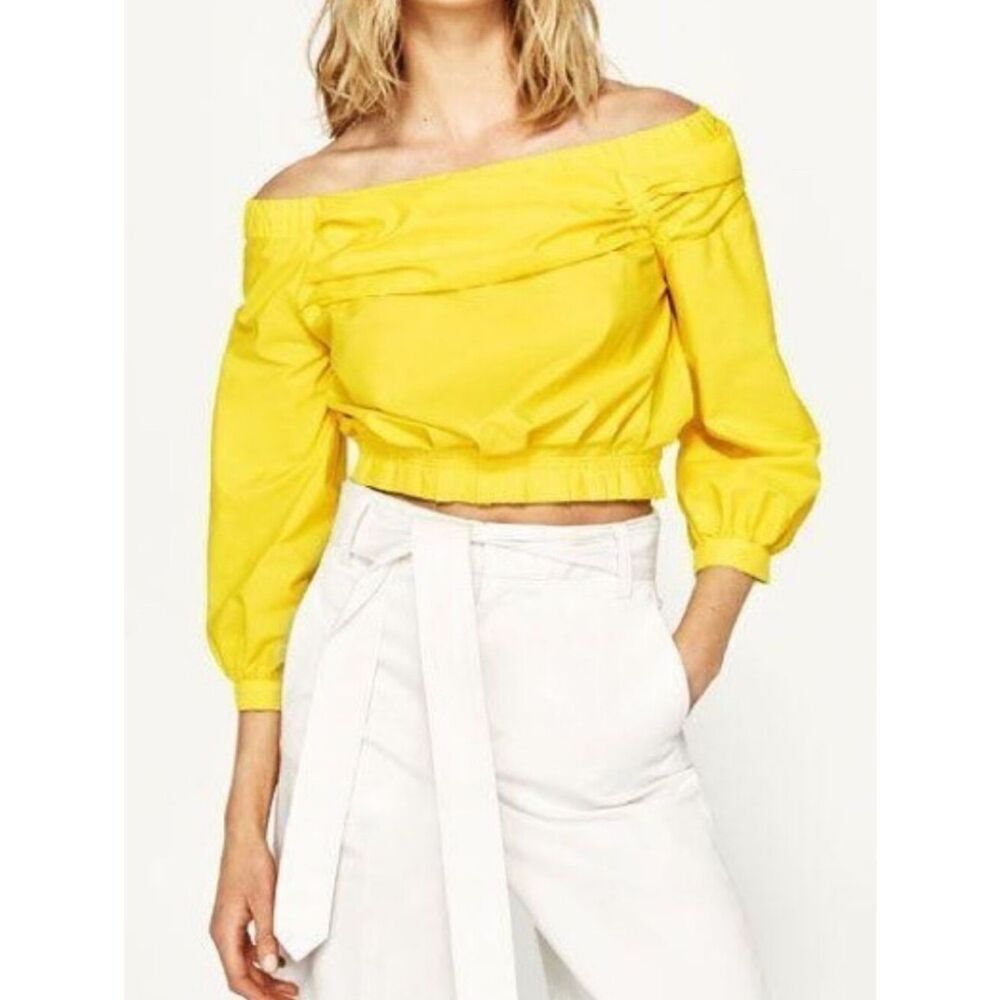 Zara Yellow Off Shoulder Bardot Crop Top Pleated Long Sleeve Boho Minimalist Med